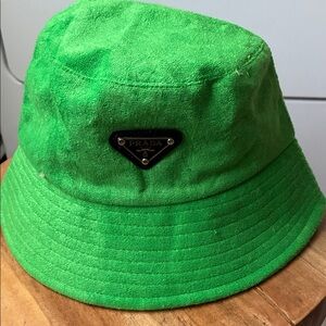 Prada Bright Green Terry Bucket Hat with Logo Plaque